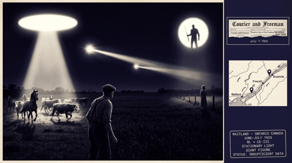 Dossier composite illustration of the July 1926 Maitland Ontario Canada UAP case showing farmer Peter Cunningham watching moving lights over the St. Lawrence River a searchlight beam from above stampeding horses and cattle in a nearby pasture and in the far background a woman near Brockville looking up at a stationary hovering light containing the silhouette of a giant figure with a rifle