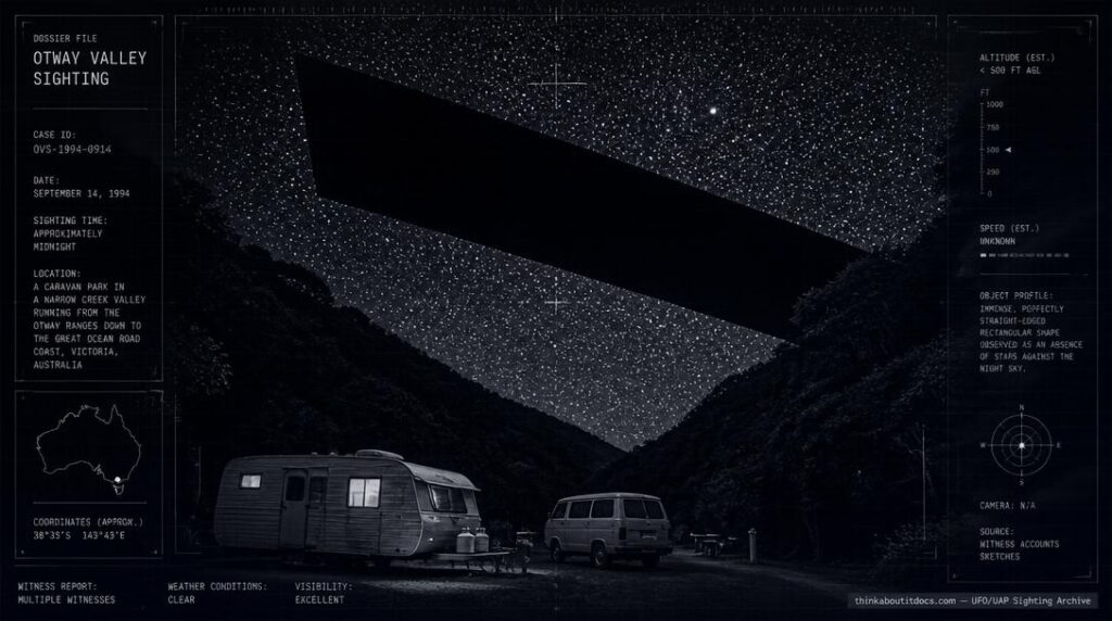 Illustration of the 1994 Great Ocean Road, Victoria UFO sighting showing an immense black rectangular shape blocking out stars over a forested valley at night