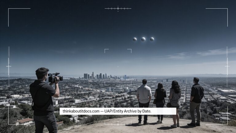 Dossier-style illustration of the 2013 Signal Hill, California sighting showing a group at a hilltop park recording three small orb-like shapes over distant Los Angeles