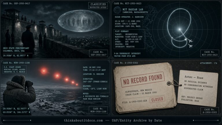 Four-panel collage of September 1950 UFO sightings including the Provincetown Massachusetts radar case and Ohio State Prison sighting