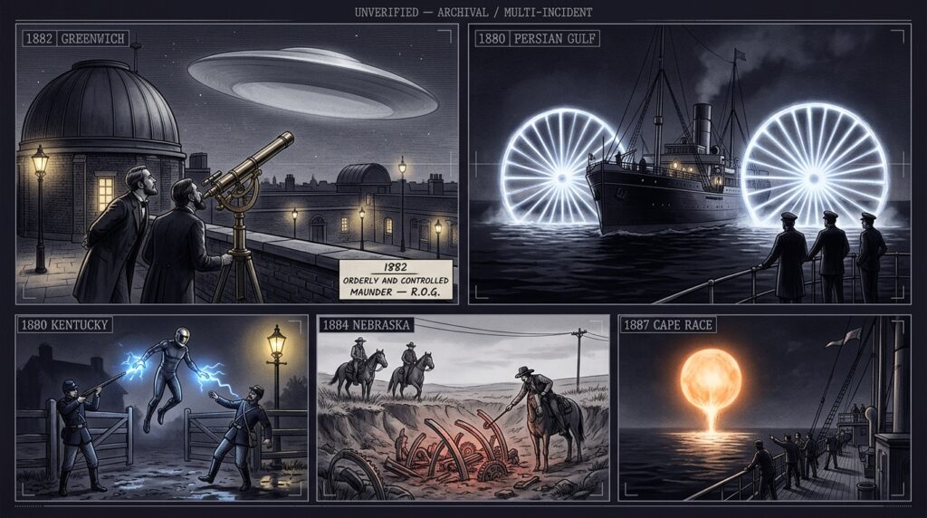 Five-panel Victorian-era intelligence dossier collage showing the 1882 Great Saucer observed by Royal Observatory Greenwich astronomers, the 1880 Persian Gulf spinning luminous wheels seen from the steamship Patna, the 1880 Madisonville Kentucky blue fire entity encounter, the 1884 Nebraska prairie crash retrieval with glowing machinery, and the 1887 Cape Race Atlantic fire sphere rising from the ocean against the Siberian