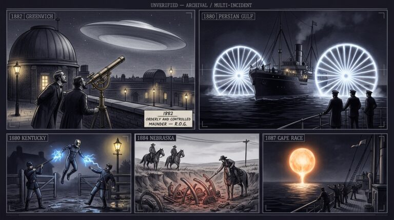 Five-panel Victorian-era intelligence dossier collage showing the 1882 Great Saucer observed by Royal Observatory Greenwich astronomers, the 1880 Persian Gulf spinning luminous wheels seen from the steamship Patna, the 1880 Madisonville Kentucky blue fire entity encounter, the 1884 Nebraska prairie crash retrieval with glowing machinery, and the 1887 Cape Race Atlantic fire sphere rising from the ocean against the Siberian