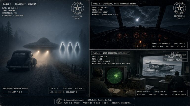 Three-panel dossier collage: Flagstaff Arizona missing-time disc encounter, Cherbourg shooting-star reversal, and Bridgeton New Jersey radar contact, all January 1946