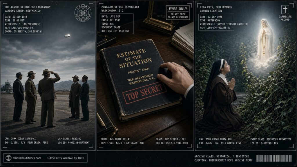 Three-panel dossier collage: the Los Alamos sighting behind the Estimate of the Situation, the document's fateful Pentagon review, and the Our Lady of Lipa apparition, September 1948