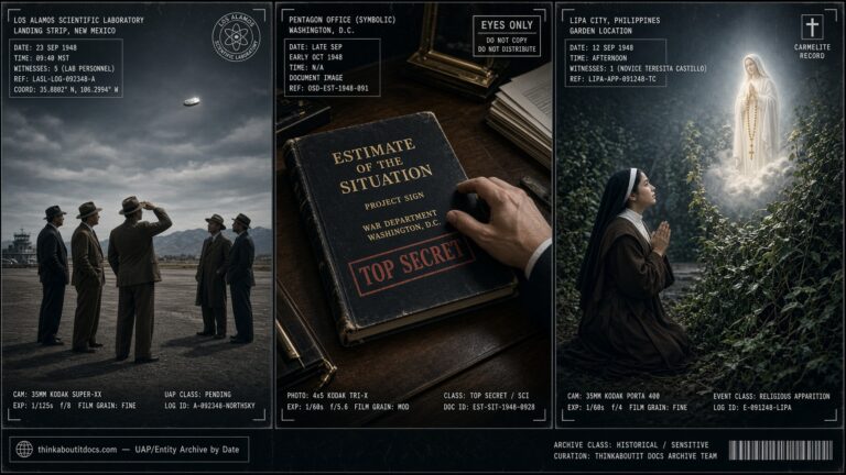 Three-panel dossier collage: the Los Alamos sighting behind the Estimate of the Situation, the document's fateful Pentagon review, and the Our Lady of Lipa apparition, September 1948