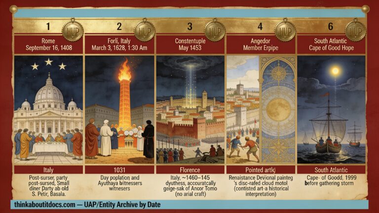 Six-panel dossier collage of 15th-century UFO and entity accounts spanning 1408 CE Rome to 1499 CE the South Atlantic, including an honestly captioned depiction of the Fall of Angkor