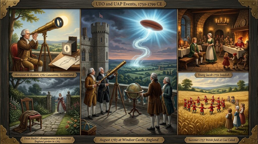 Collage of 1750-1799 CE late 18th century UFO and UAP sightings including Windsor Castle 1783 Royal Society Fellows observing expanding oval, Lausanne 1762 de Rostan telescope fusiform object, Sweden 1759 Jacob Jacobsson underground little people encounter, Owen Parfitt 1763 disappearance, and Welsh dwarf dancers 1757