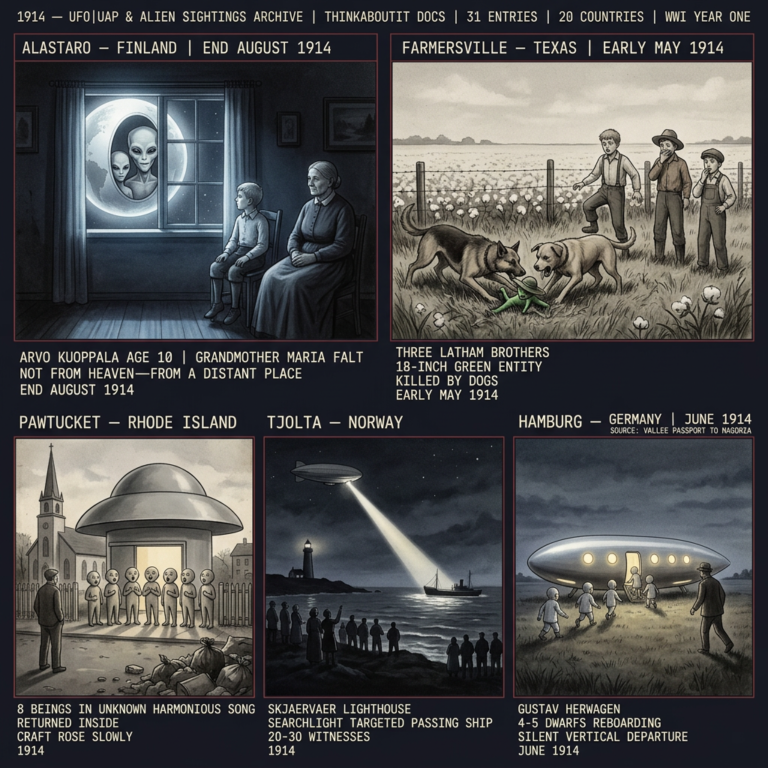 Five panel WWI-era intelligence dossier collage for the 1914 UFO UAP archive showing left to right 10-year-old Arvo Kuoppala and calm grandmother Maria Falt watching beings in a hovering globe in Alastaro Finland three Latham brothers watching dogs kill an 18-inch green entity in a Texas fencerow eight round-headed beings singing in unknown language outside a Pawtucket Rhode Island craft a Norwegian airship searchlight targeting a passing ship near Tjolta lighthouse with 20 to 30 shore witnesses and Gustav Herwagen watching dwarfs reboard a shining Hamburg Germany cigar at 4am