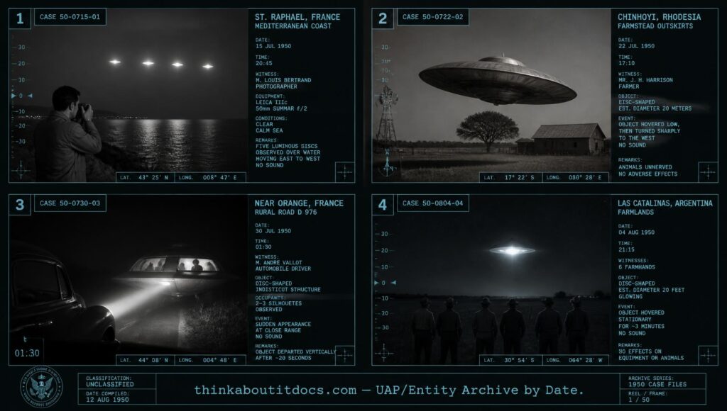 Four-panel collage of undated March 1950 UFO sightings including France, Zimbabwe, and Argentina