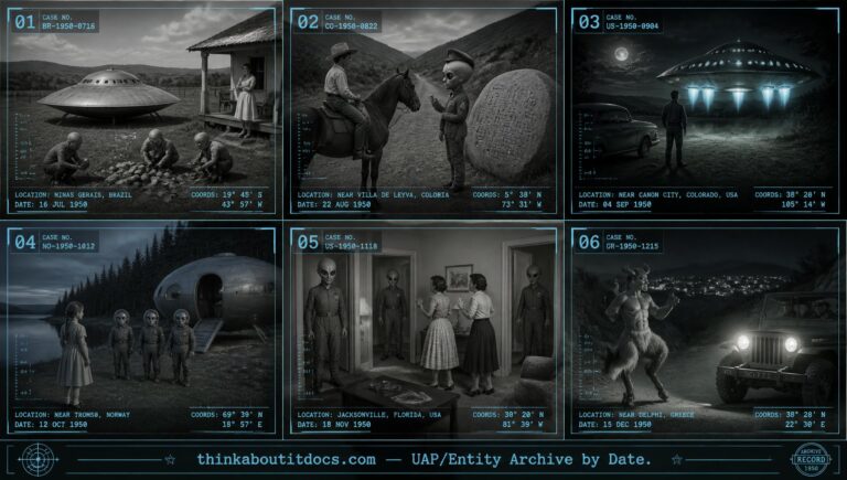 Six-panel collage of undated 1950 UFO and entity encounters from Brazil, Colombia, Colorado, Norway, Florida, and Greece