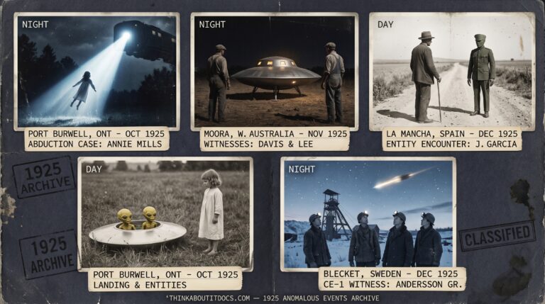 Five panel 1920s silver gelatin halftone intelligence dossier collage for the 1925 UFO UAP sightings archive showing left a five-year-old Port Burwell Ontario girl in a white nightgown being lifted by a cold white-blue beam from a train-like craft in the first of two summer 1925 abduction incidents, upper center-left two Australian farm workers in broad-brimmed hats frozen in alarm facing a disc with oval windows on four legs in a Moora Western Australia paddock before fleeing and returning days later to find ground traces, center a Spanish farmer stopped on a La Mancha noon path facing a 1.2-meter green-uniformed rigid-limbed dwarf entity in hard midday shadow, upper center-right the same Port Burwell girl now lying calmly on afternoon grass watching wrinkled yellow-skinned beings emerge from a dull silver disc in the second separate abduction incident of the same summer, and right a group of Swedish teenage mine workers at Blecket watching an anomalous object perform beyond-known-aircraft maneuvers over a clear winter evening sky above the mine headframe