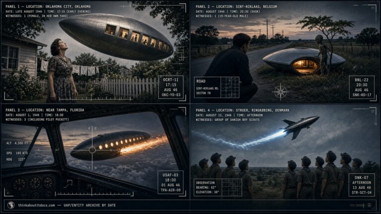Four-panel dossier collage: Oklahoma City's twelve-occupant disc, the Sint-Niklaas Belgium dwarf encounter, the Puckett Tampa C-47 case, and Danish boy scouts' Struer sighting, all August 1946