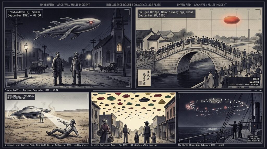 Five-panel Gilded Age intelligence dossier collage showing the 1891 Crawfordsville Indiana headless aerial creature observed by hundreds of witnesses, the 1890 Nankin China court painting of the Shu Que bridge fireball, the 1893 Central Park New South Wales Australia disc landing with witness paralyzed by a directed beam, the 1893 Leslie Kentucky sky filled with thousands of shape-shifting colored discs, and the 1893 HMS Carolina North China Sea massed aerial light formation