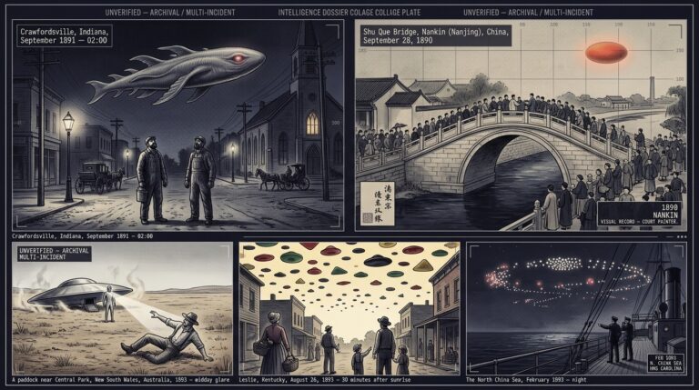 Five-panel Gilded Age intelligence dossier collage showing the 1891 Crawfordsville Indiana headless aerial creature observed by hundreds of witnesses, the 1890 Nankin China court painting of the Shu Que bridge fireball, the 1893 Central Park New South Wales Australia disc landing with witness paralyzed by a directed beam, the 1893 Leslie Kentucky sky filled with thousands of shape-shifting colored discs, and the 1893 HMS Carolina North China Sea massed aerial light formation