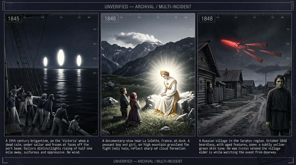 Three-panel intelligence archive illustration showing the 1845 Brig Victoria Mediterranean encounter with three lights rising from the sea, the 1846 La Salette France luminous entity apparition witnessed by two children, and the 1847-1848 Saratov Russia anomalous strangers arriving after aerial columns of fire