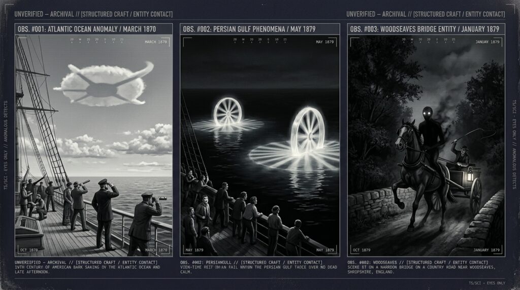 Three-panel intelligence archive illustration showing Captain Banner's 1870 Lady of the Lake mid-Atlantic structured disc observation, the 1879 Persian Gulf spinning luminous wheels observed from the ship Vultur, and the January 1879 Woodseaves Shropshire black humanoid encounter on a bridge at night
