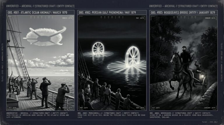 Three-panel intelligence archive illustration showing Captain Banner's 1870 Lady of the Lake mid-Atlantic structured disc observation, the 1879 Persian Gulf spinning luminous wheels observed from the ship Vultur, and the January 1879 Woodseaves Shropshire black humanoid encounter on a bridge at night