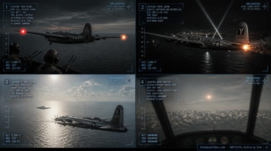 Four-panel dossier collage: Truk Atoll Fala Island color-changing spheres, Tokyo fireball, Atlantic silvery disc, and the disputed Karnten photo, all May 1945