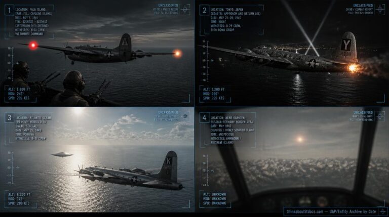 Four-panel dossier collage: Truk Atoll Fala Island color-changing spheres, Tokyo fireball, Atlantic silvery disc, and the disputed Karnten photo, all May 1945