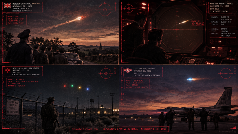 Collage of early-to-mid November 1952 UFO sightings including the Chatham-Dover England case and the Opheim-Glasgow Montana radar/visual case