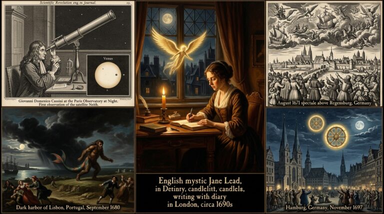 Collage of 1670-1699 CE late 17th century UFO and UAP events including Jane Lead's gold-winged ship descent London, Cassini observing Venus satellite Neith at Paris Observatory, Regensburg Germany sky ships 1671, Lisbon Portugal hairy creature from black cloud 1680, and Hamburg Germany two glowing wheels 1697