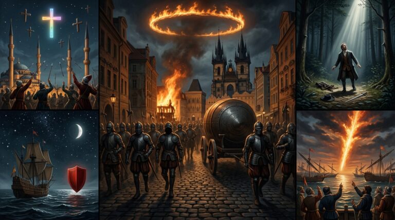 Collage of 1570-1599 CE late Renaissance UFO and UAP sightings including Prague faceless army and metal chariot, Constantinople cross objects shot at by soldiers, Hans Buchmann abduction Switzerland, Strait of Magellan shape-changing object, and Lepanto fiery column
