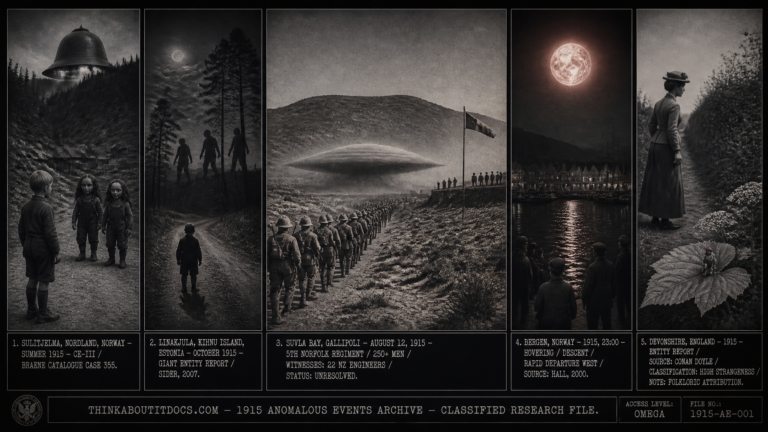 Five panel WWI era silver gelatin intelligence dossier collage for the 1915 UFO UAP sightings archive showing left a young Norwegian boy facing two gray-skinned large-headed humanoids near a bell-shaped craft in Sulitjelma Norway, upper center-left Tiju Vezik watching four-meter silent entities on a moonlit road in Kihnu Island Estonia, center the 5th Norfolk Regiment advancing into an anomalous lenticular cloud at Suvla Bay Gallipoli observed by New Zealand engineers, upper center-right a large brown-red hovering object over Bergen Norway harbor at night, and right an Edwardian woman watching a tiny green-clad figure rocking on a leaf in Devonshire England