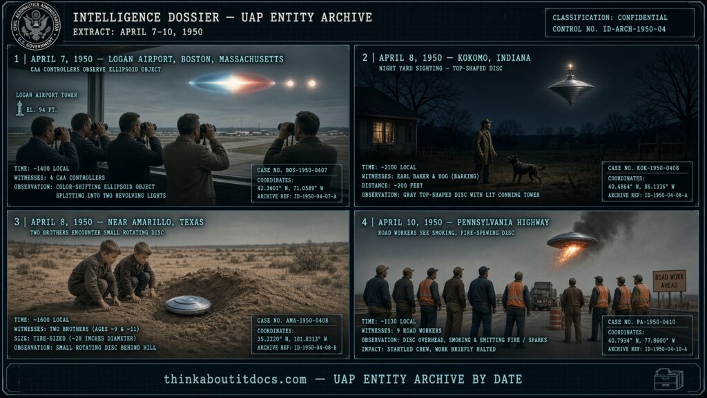 Four-panel collage of early April 1950 UFO sightings including Logan Airport Boston, Kokomo Indiana, and Amarillo Texas
