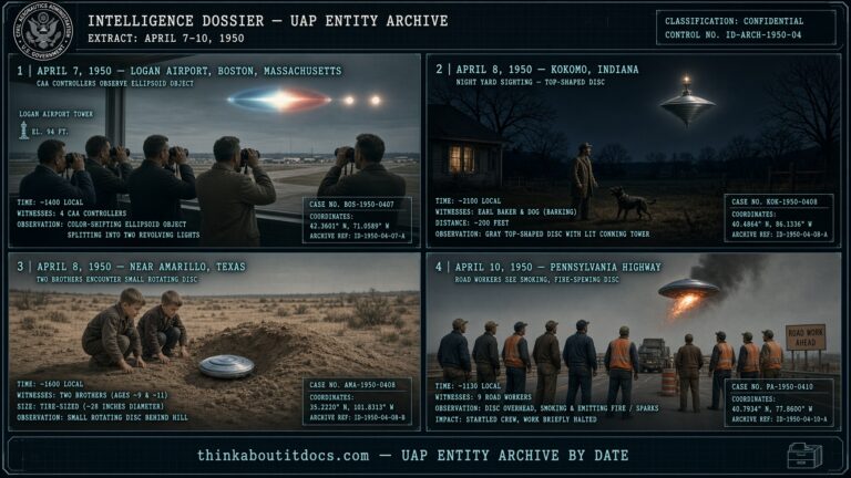 Four-panel collage of early April 1950 UFO sightings including Logan Airport Boston, Kokomo Indiana, and Amarillo Texas