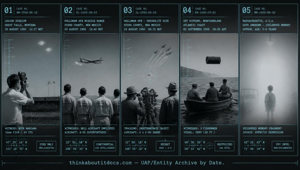 Five-panel collage of August 1950 UFO sightings including the Great Falls Montana film and Holloman AFB Project TWINKLE