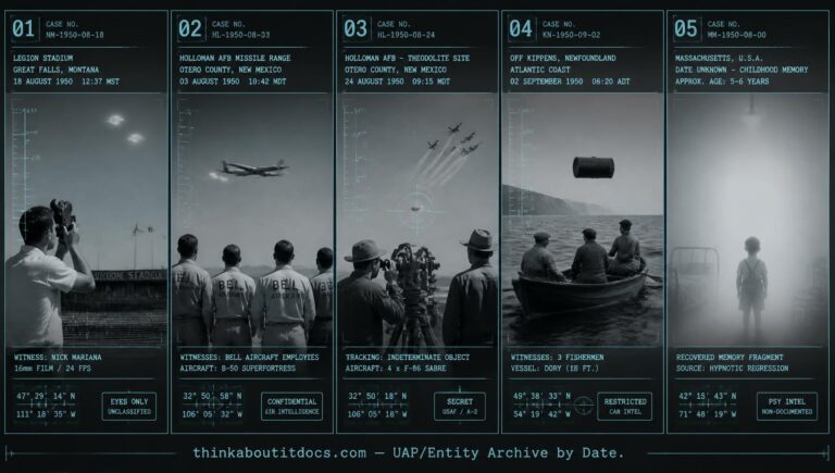 Five-panel collage of August 1950 UFO sightings including the Great Falls Montana film and Holloman AFB Project TWINKLE