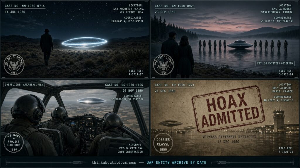 Four-panel collage of July 1950 UFO sightings including Daniel Fry's White Sands Incident and Steep Rock Lake Ontario