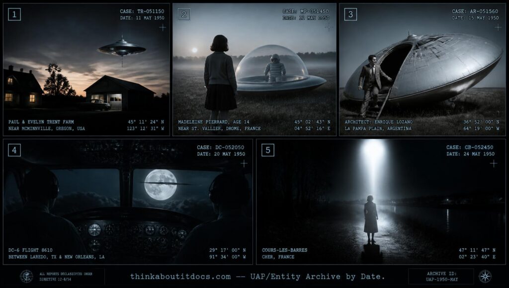 Five-panel collage of May 1950 UFO sightings including McMinnville Oregon, Vaux-en-Dieulet France, and Mt Vernon Virginia