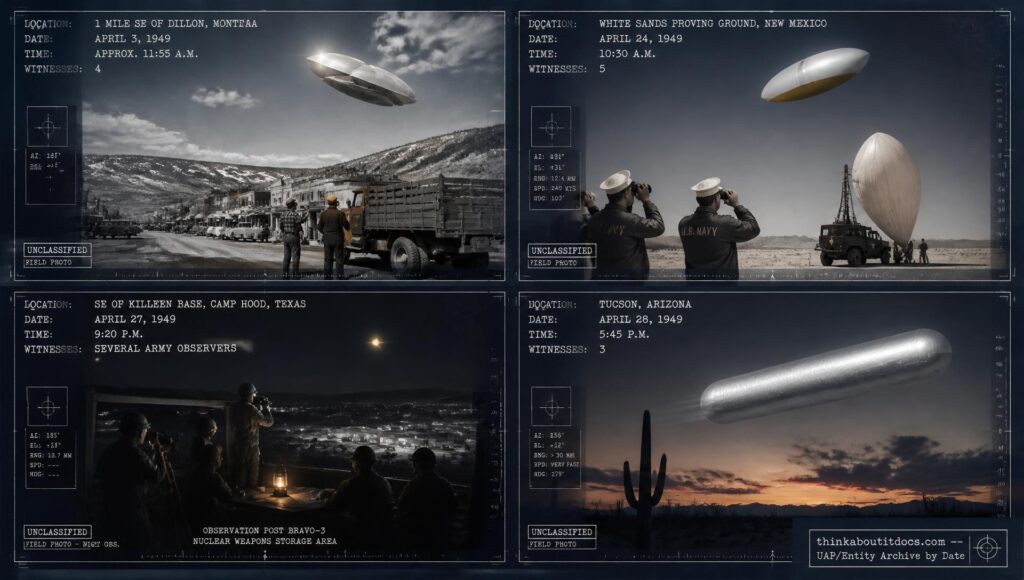 Four-panel dossier collage: the Dillon Montana disc, the White Sands/Moore ellipsoid, the Fort Hood Texas wave, and the Tucson Arizona sausage object, all April 1949