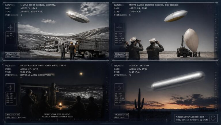 Four-panel dossier collage: the Dillon Montana disc, the White Sands/Moore ellipsoid, the Fort Hood Texas wave, and the Tucson Arizona sausage object, all April 1949