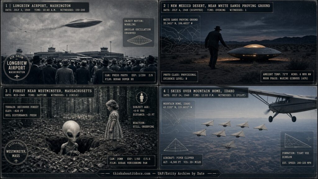 Four-panel dossier collage: the Longview Washington sightings, the Daniel Fry White Sands contact, the Betty Aho abduction, and the Mountain Home Idaho delta formation, all July 1949