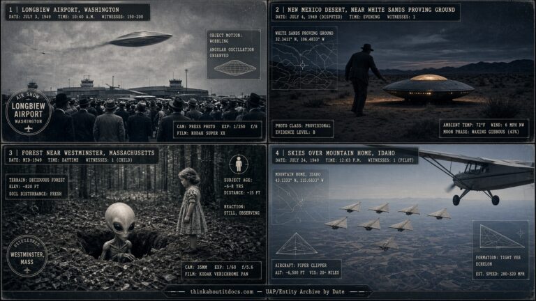 Four-panel dossier collage: the Longview Washington sightings, the Daniel Fry White Sands contact, the Betty Aho abduction, and the Mountain Home Idaho delta formation, all July 1949