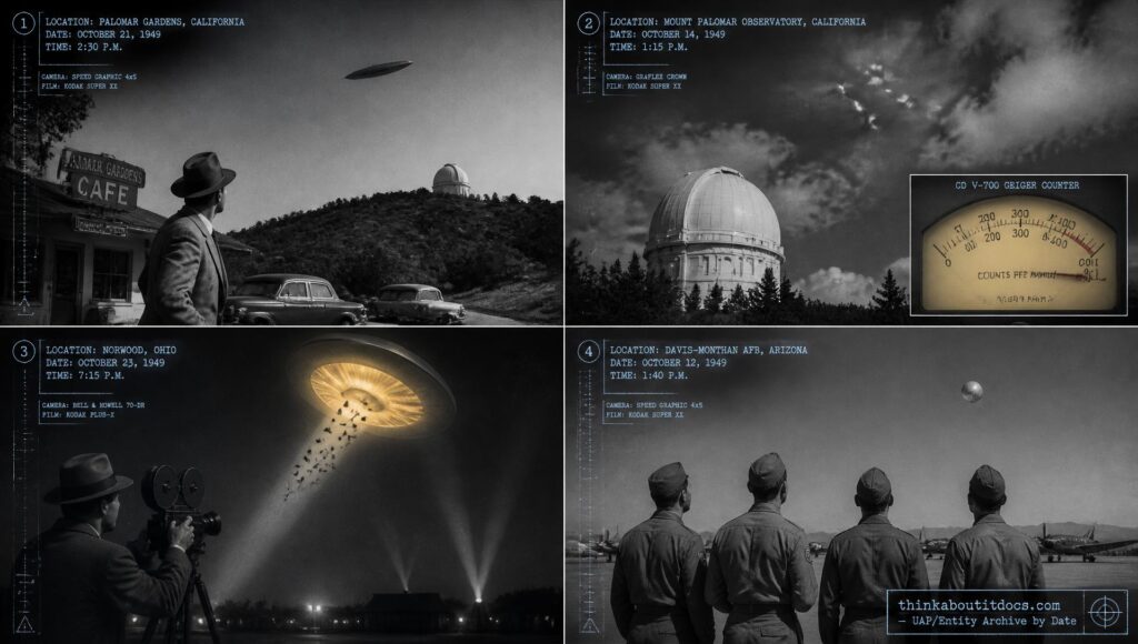 Four-panel dossier collage: George Adamski's Palomar sighting, the Palomar cosmic-ray incident, the Norwood Ohio searchlight return, and the Davis-Monthan AFB sighting, all October 1949
