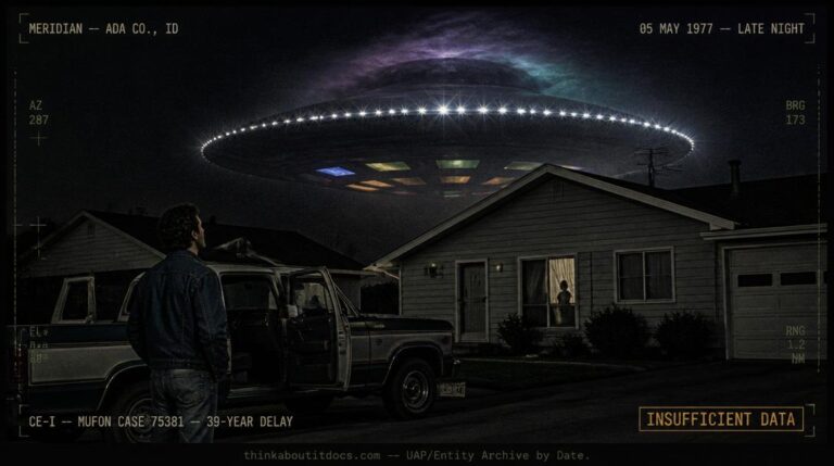 Dossier-style reconstruction of the May 5 1977 Meridian Idaho CE-I sighting showing a disc-shaped craft with a nipple-shaped dome wrapped in swirling color-changing vapor and a diamond-sparkle perimeter band hovering silently just above a suburban rooftop at night while a man stands beside his truck looking up and pulsating colored rectangular panels glow on the underside without illuminating the dark ground below
