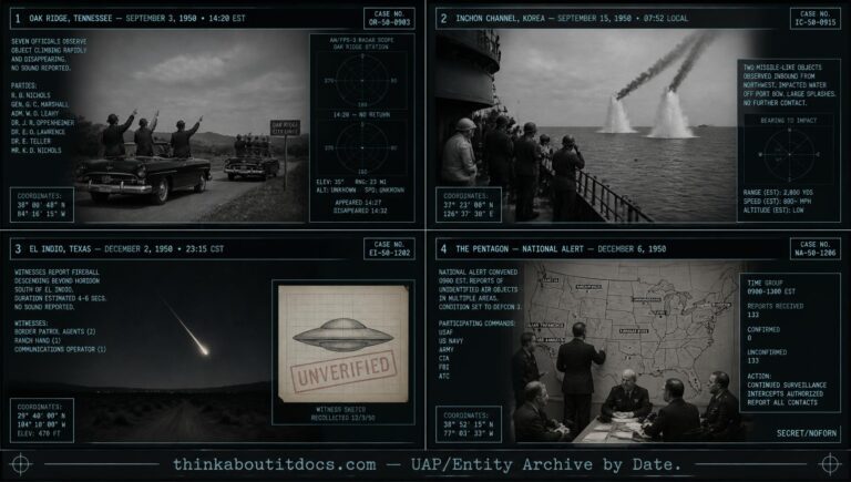 Four-panel collage of December 1950 UFO sightings including Oak Ridge Tennessee, USS Gardiners Bay, and the Del Rio Texas border case