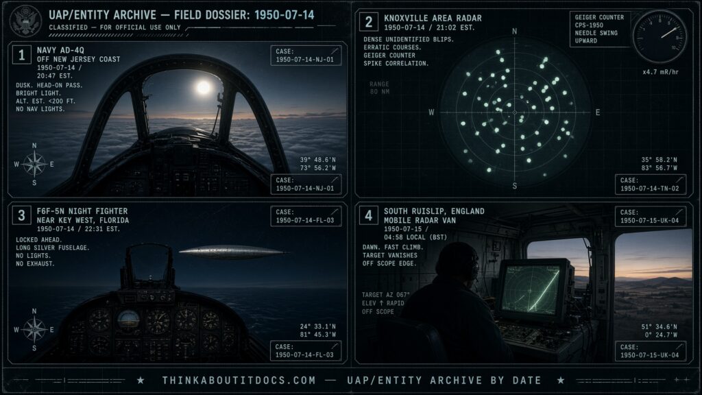 Four-panel collage of November 1950 UFO sightings including the Robert Haven pursuit and the Oak Ridge radiation anomaly