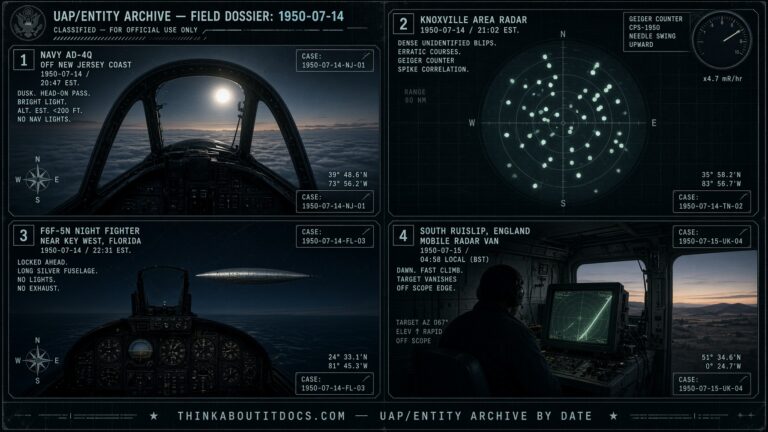 Four-panel collage of November 1950 UFO sightings including the Robert Haven pursuit and the Oak Ridge radiation anomaly