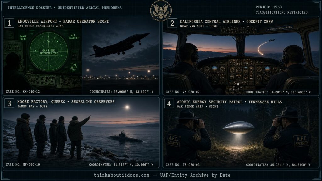 Four-panel collage of October 1950 UFO sightings including the Oak Ridge Flap and the Van Nuys San Fernando airline near-collision
