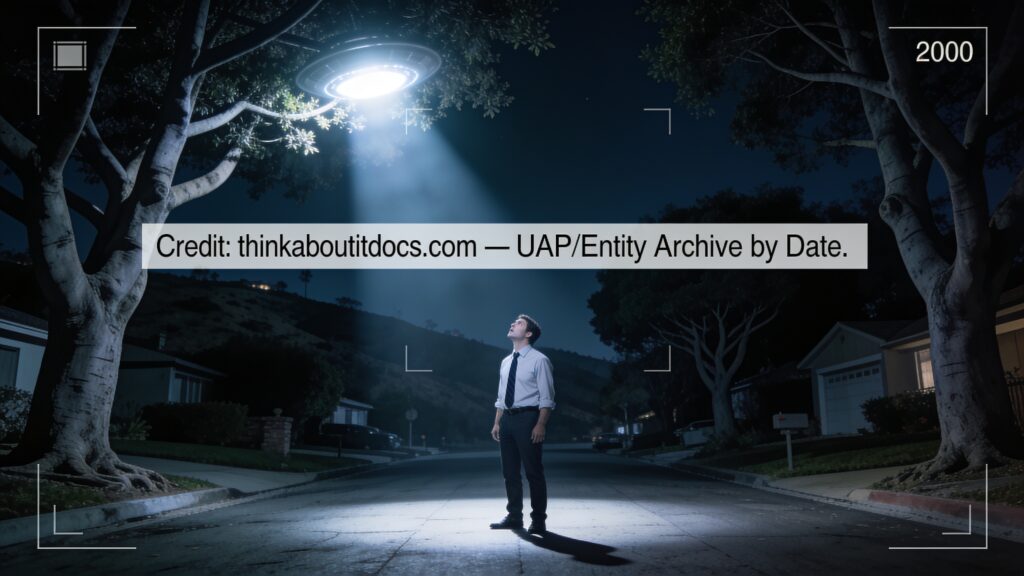 Dossier-style illustration of the 2000 Whittier, California sighting showing a man in a dark tree-lined street watching an intensely bright light piercing through branches overhead