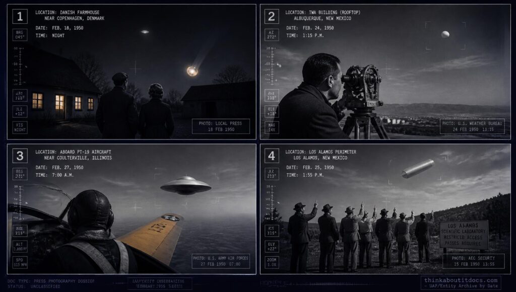 Four-panel dossier collage: the Copenhagen Sandersen case, the Albuquerque theodolite sighting, the Coulterville Illinois pilot case, and the Los Alamos AESS cylinder case, all February 1950