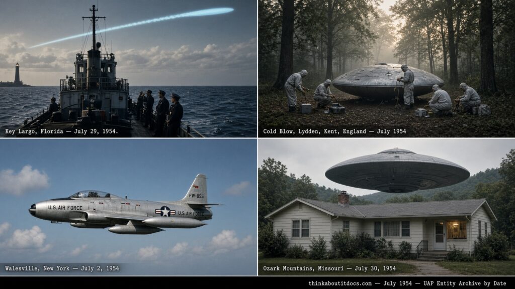Four-panel collage of July 1954 UFO sightings: the Key Largo Florida Navy sighting, the Cold Blow Kent England entity encounter, the Walesville New York incident, and the Ozark Mountains Missouri sighting