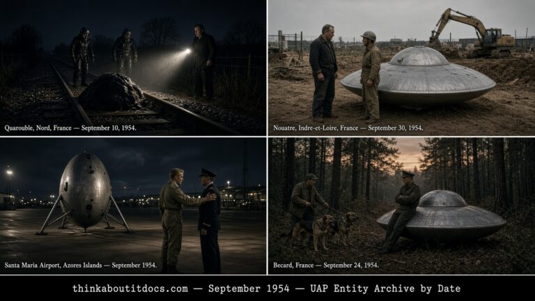 Four-panel collage of September 1954 UFO sightings during the French flap: the Quarouble Marius Dewilde case, the Nouatre George Gatay encounter, the Santa Maria Azores sighting, and the Becard France encounter