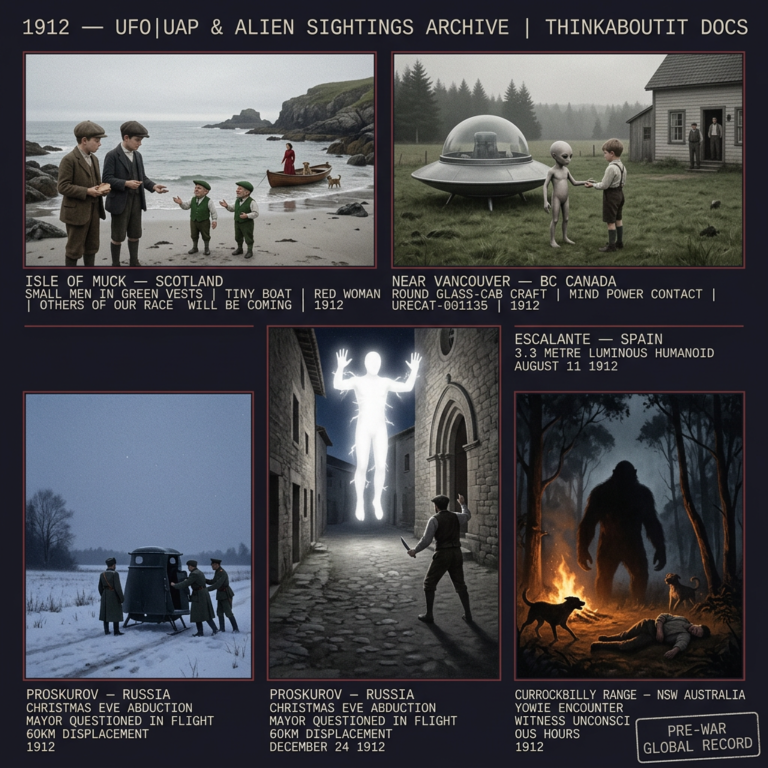 Five panel Edwardian intelligence dossier collage for the 1912 UFO UAP alien sightings archive showing left to right two boys on the Isle of Muck Scotland receiving bread from small green-vested bilingual men beside a tiny boat with a red-clad woman the Abram Penner Vancouver farm round glass-cab craft with jointless small beings an Escalante Spain 3.3 metre luminous humanoid raising its palms at a man with a knife the Proskurov Russia Christmas Eve abduction of the village mayor and the Currockbilly Range Australia yowie encounter
