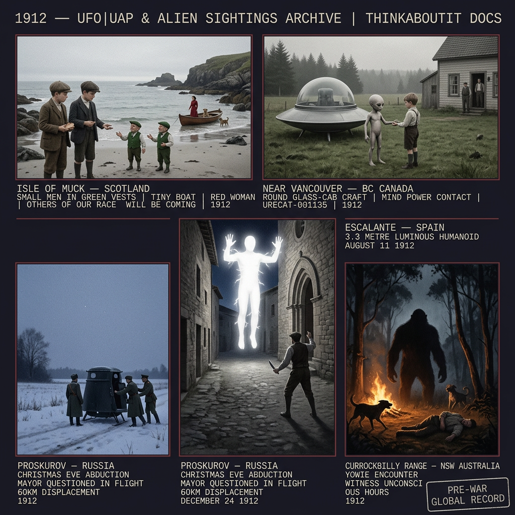 Five panel Edwardian intelligence dossier collage for the 1912 UFO UAP alien sightings archive showing left to right two boys on the Isle of Muck Scotland receiving bread from small green-vested bilingual men beside a tiny boat with a red-clad woman the Abram Penner Vancouver farm round glass-cab craft with jointless small beings an Escalante Spain 3.3 metre luminous humanoid raising its palms at a man with a knife the Proskurov Russia Christmas Eve abduction of the village mayor and the Currockbilly Range Australia yowie encounter