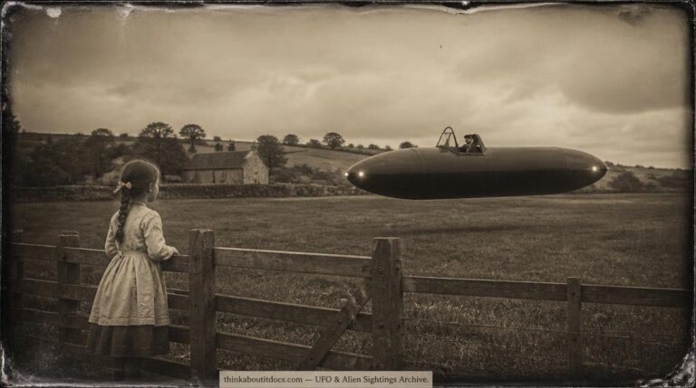 Historical illustration of the summer 1911 Chesterfield Derbyshire cigar-shaped UFO sighting witnessed by a young girl